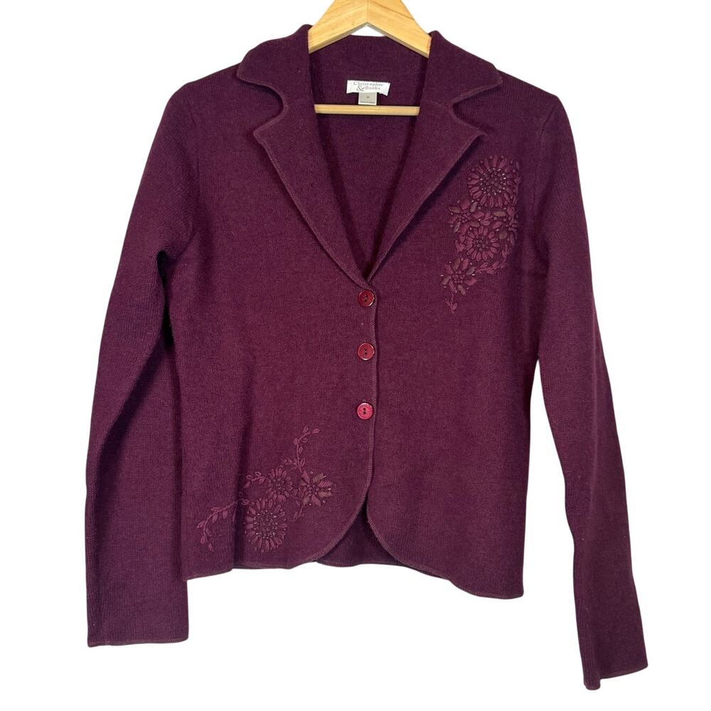 Vintage 100% Wool 3 Button Sweater Blazer Womens Medium Embroidered Red Purple